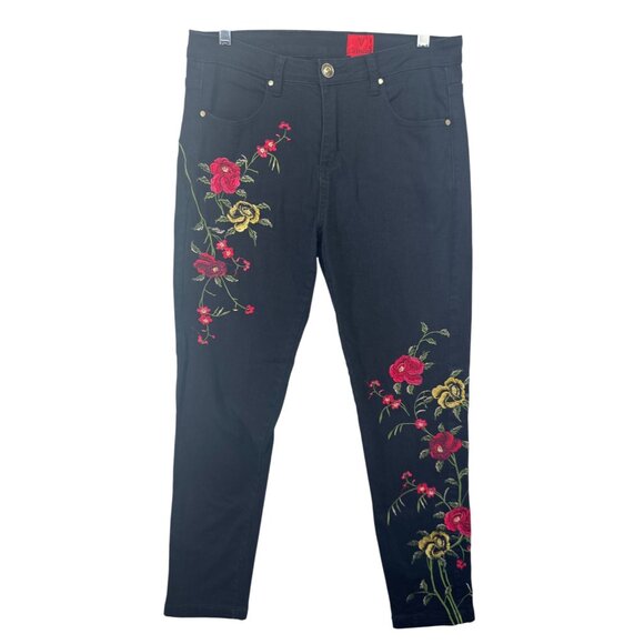 V Christina Womens Jeans Sz 10 Black Embroidered Floral Red Roses Boho FairyCore - Picture 1 of 10